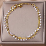 Dual Layer Pearl White 18K Gold Stainless Steel Anti Tarnish Link Chain Bracelet For Women