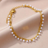 Dual Layer Pearl White 18K Gold Stainless Steel Anti Tarnish Link Chain Bracelet For Women