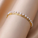 Dual Layer Pearl White 18K Gold Stainless Steel Anti Tarnish Link Chain Bracelet For Women