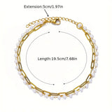 Dual Layer Pearl White 18K Gold Stainless Steel Anti Tarnish Link Chain Bracelet For Women