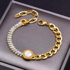 Roman Baguette Cubic Zirconia Mother Of Pearl 18K Gold Stainless Steel Curb Chain Bracelet For Women