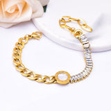 Roman Baguette Cubic Zirconia Mother Of Pearl 18K Gold Stainless Steel Curb Chain Bracelet For Women