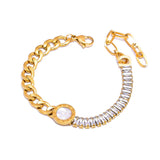 Roman Baguette Cubic Zirconia Mother Of Pearl 18K Gold Stainless Steel Curb Chain Bracelet For Women