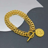 Elizabeth Coin 18K Gold Stainless Steel Anti Tarnish Charm Curb Chain Bracelet For Women