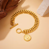 Elizabeth Coin 18K Gold Stainless Steel Anti Tarnish Charm Curb Chain Bracelet For Women