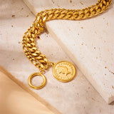 Elizabeth Coin 18K Gold Stainless Steel Anti Tarnish Charm Curb Chain Bracelet For Women