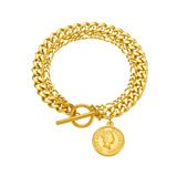 Elizabeth Coin 18K Gold Stainless Steel Anti Tarnish Charm Curb Chain Bracelet For Women