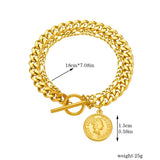 Elizabeth Coin 18K Gold Stainless Steel Anti Tarnish Charm Curb Chain Bracelet For Women