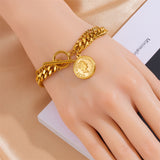 Elizabeth Coin 18K Gold Stainless Steel Anti Tarnish Charm Curb Chain Bracelet For Women