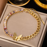 Baguette Butterfly Crystal Multicolour 18K Gold Stainless Steel Anti Tarnish Curb Chain Bracelet For Women