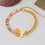 Baguette Butterfly Crystal Multicolour 18K Gold Stainless Steel Anti Tarnish Curb Chain Bracelet For Women