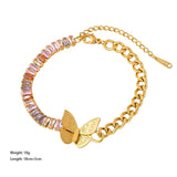 Baguette Butterfly Crystal Multicolour 18K Gold Stainless Steel Anti Tarnish Curb Chain Bracelet For Women