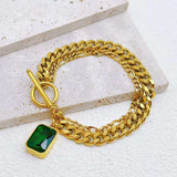 Emerald Green Crystal 18K Gold Stainless Steel Anti Tarnish Curb Dual Layer Bracelet For Women