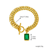 Emerald Green Crystal 18K Gold Stainless Steel Anti Tarnish Curb Dual Layer Bracelet For Women