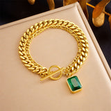 Emerald Green Crystal 18K Gold Stainless Steel Anti Tarnish Curb Dual Layer Bracelet For Women