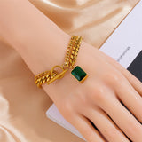 Emerald Green Crystal 18K Gold Stainless Steel Anti Tarnish Curb Dual Layer Bracelet For Women