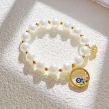 Hamsa Evil Eye Pearl Crystal White 18K Gold Stainless Steel Anti Tarnish Charm Bracelet For Women