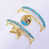 Palm Tree Beads Enamel Green 18K Gold Stainless Steel Anti Tarnish Dual Layer Charm Bracelet For Women