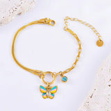 Butterfly Solitaire Crystal Enamel Multicolour 18K Gold Stainless Steel Anti Tarnish Snake Chain Charm Bracelet For Women