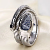 Cubic Zirconia White Blue Stripe Dial Silver Stainless Steel Snake Stretchable Watch Bracelet For Women