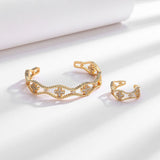 Wave Clover Flower Cubic Zirconia 18K Gold Anti Tarnish Cuff Bracelet For Women