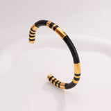 Stripe Enamel Black 18K Gold Stainless Steel Anti Tarnish Cuff Bracelet For Women