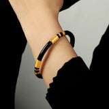 Stripe Enamel Black 18K Gold Stainless Steel Anti Tarnish Cuff Bracelet For Women