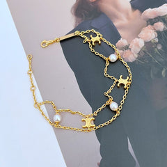 Layered Pearl 18K Gold Anti Tarnish Link Chain Bracelet For Women