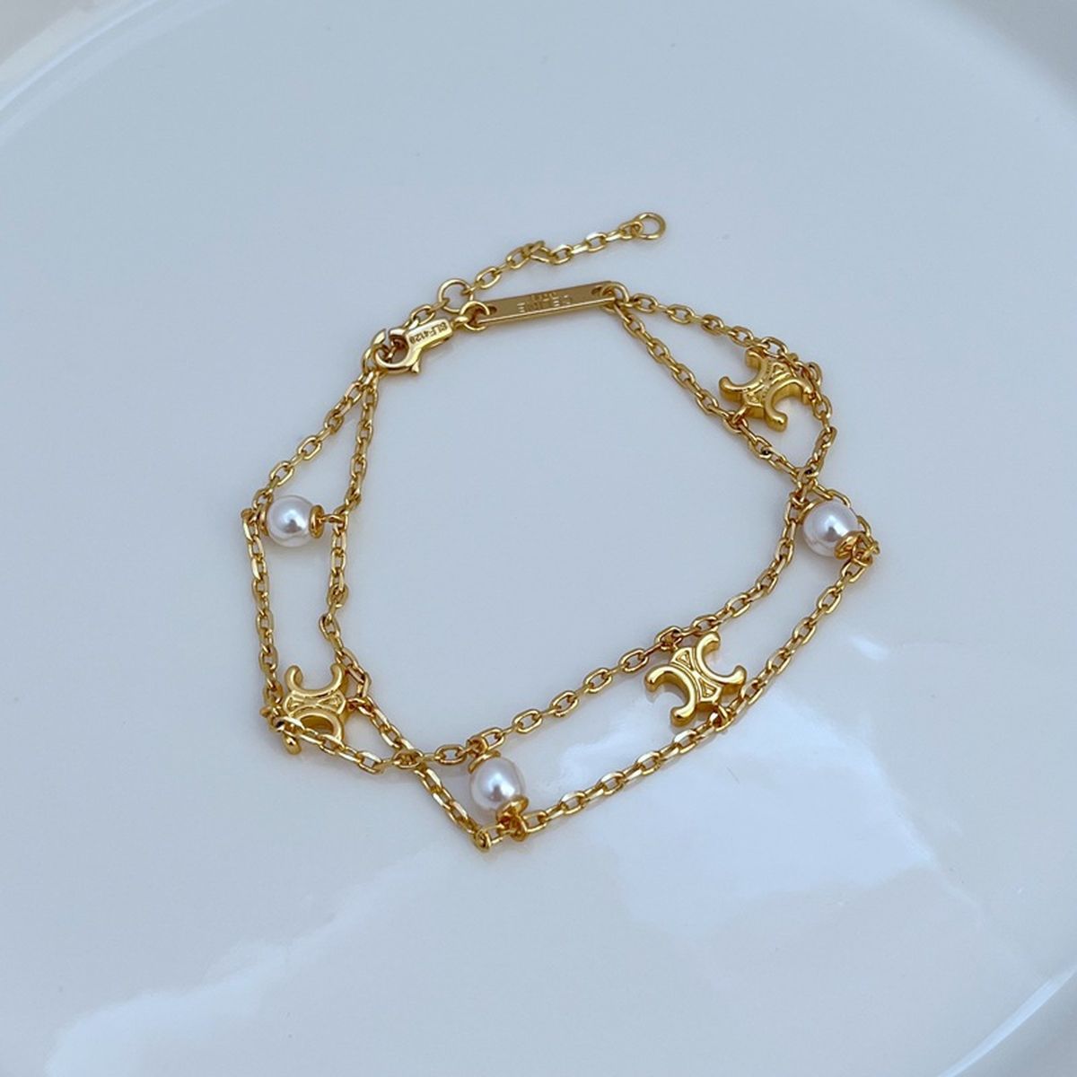 Layered Pearl 18K Gold Anti Tarnish Link Chain Bracelet For Women