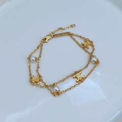 Layered Pearl 18K Gold Anti Tarnish Link Chain Bracelet For Women