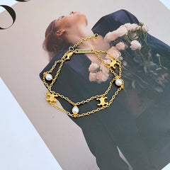 Layered Pearl 18K Gold Anti Tarnish Link Chain Bracelet For Women