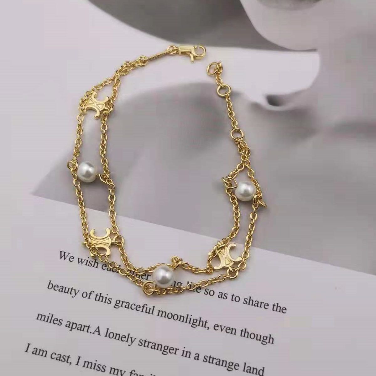 Layered Pearl 18K Gold Anti Tarnish Link Chain Bracelet For Women