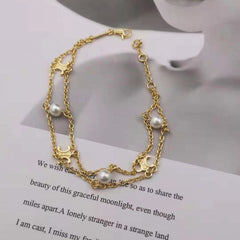 Layered Pearl 18K Gold Anti Tarnish Link Chain Bracelet For Women
