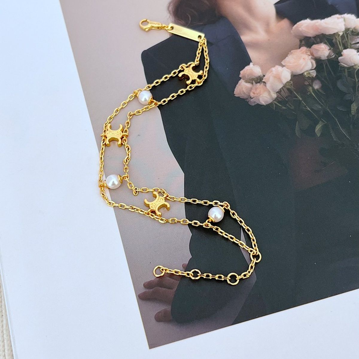 Layered Pearl 18K Gold Anti Tarnish Link Chain Bracelet For Women