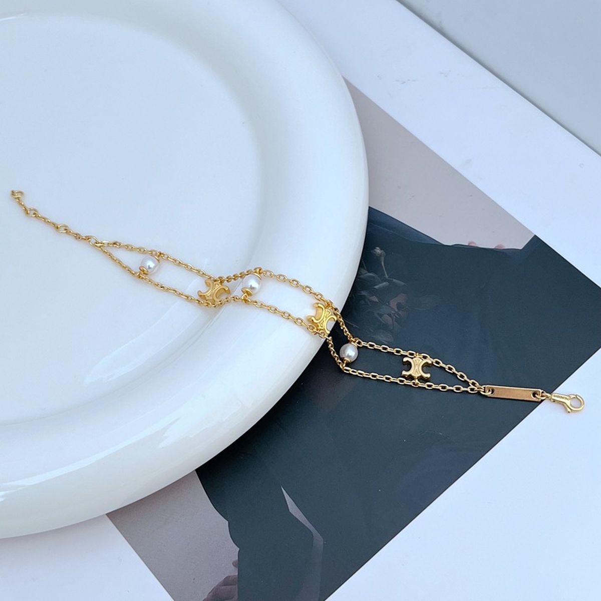 Layered Pearl 18K Gold Anti Tarnish Link Chain Bracelet For Women