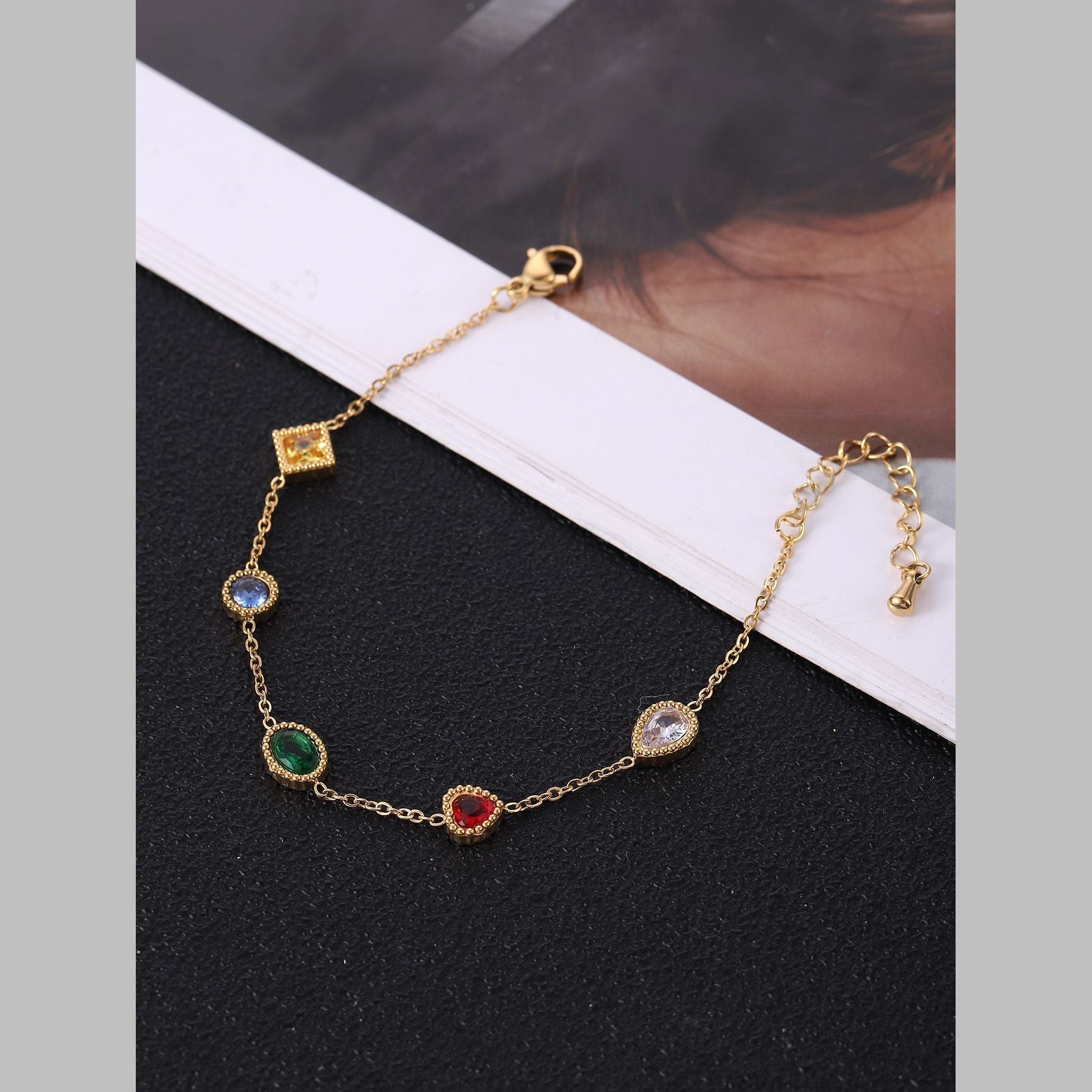 Clover Heart Charm Cubic Zirconia Crystal Multicolour 18K Gold Stainless Steel Anti Tarnish Link Chain Bracelet For Women