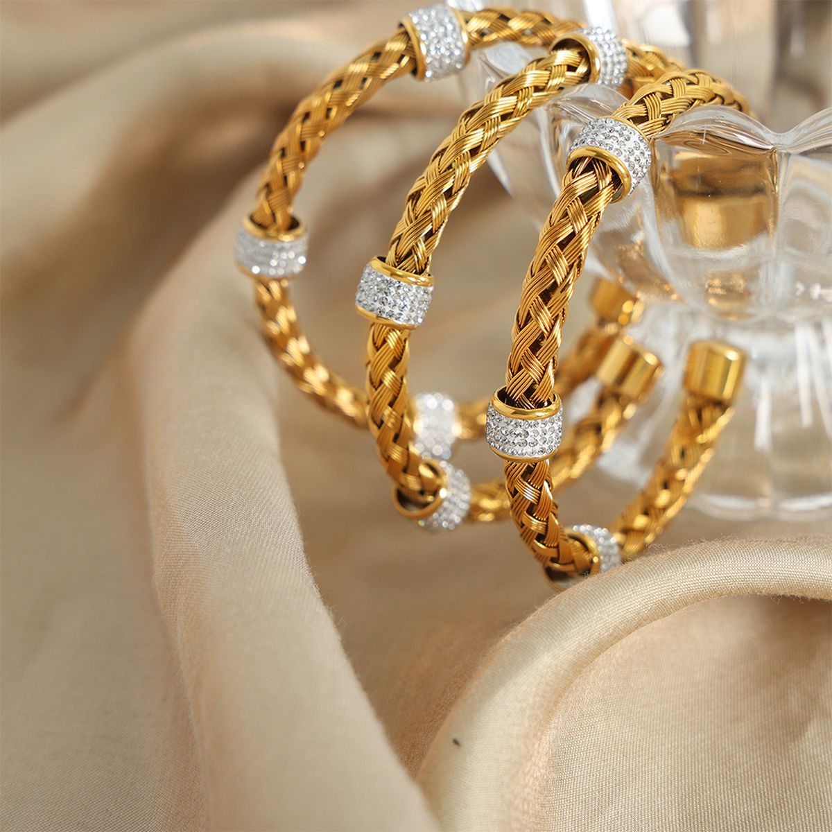 Mesh Cubic Zirconia 18K Gold Silver Stainless Steel Anti Tarnish Cuff Kada Bracelet For Women