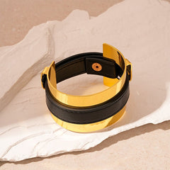 Stylish 18K Gold Black Leather Kada Bracelet For Women