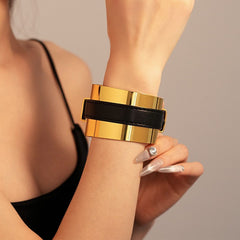 Stylish 18K Gold Black Leather Kada Bracelet For Women