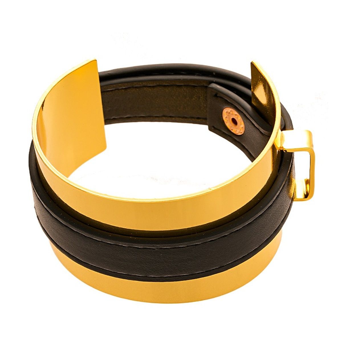 Stylish 18K Gold Black Leather Kada Bracelet For Women