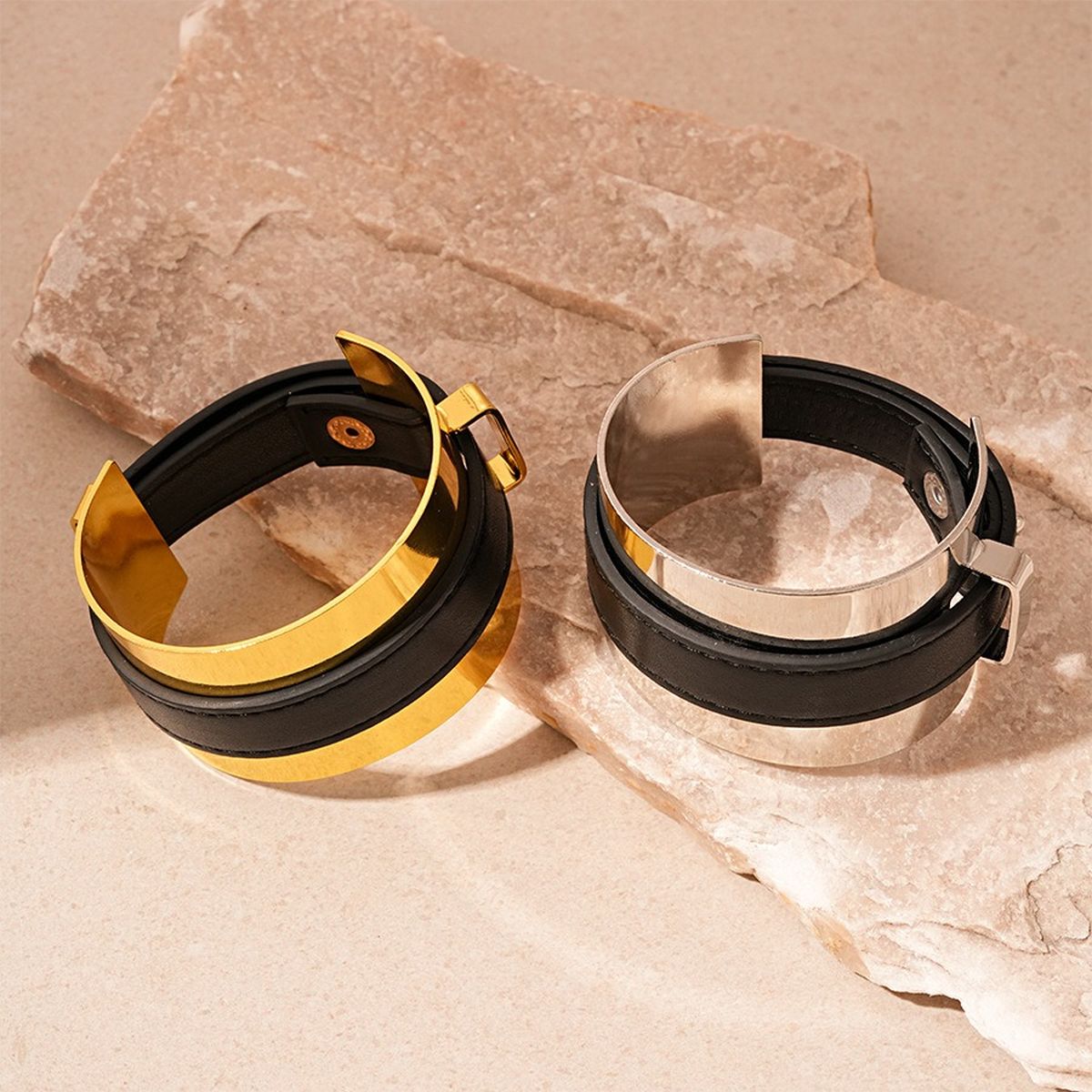 Stylish 18K Gold Black Leather Kada Bracelet For Women