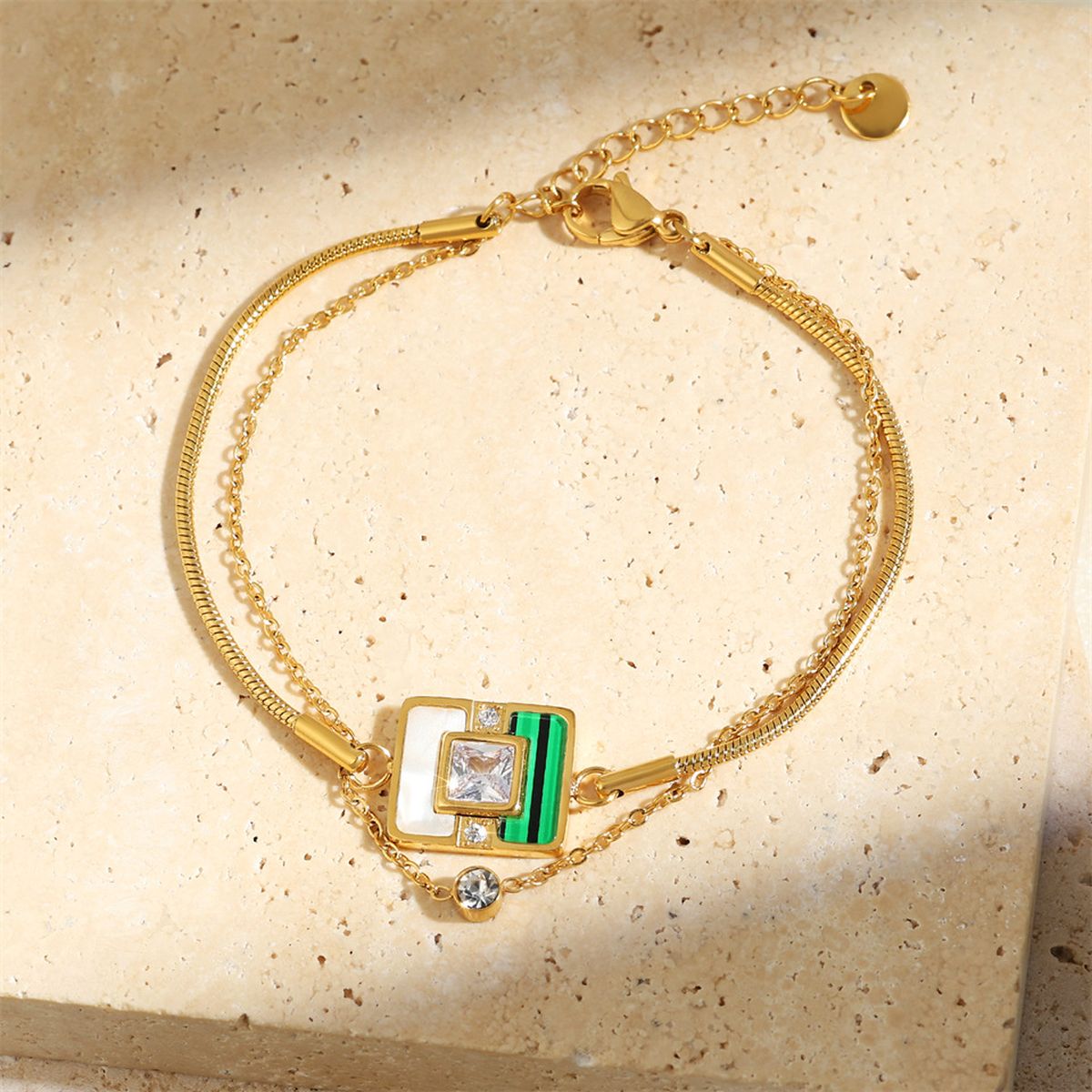 Cubic Zirconia White Green Malachite 18K Gold Anti Tarnish Snake Chain Bracelet For Women