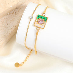 Cubic Zirconia White Green Malachite 18K Gold Anti Tarnish Snake Chain Bracelet For Women