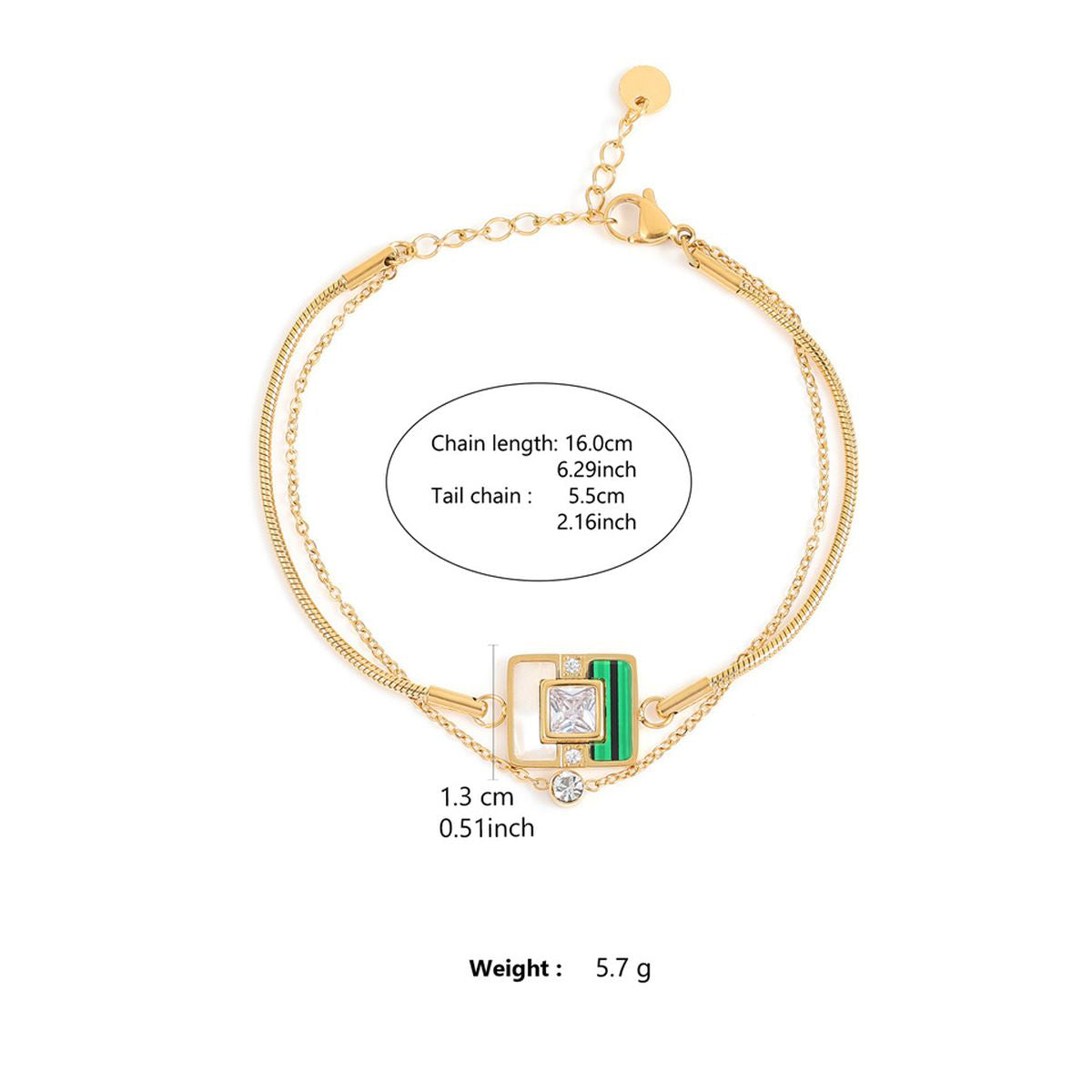 Cubic Zirconia White Green Malachite 18K Gold Anti Tarnish Snake Chain Bracelet For Women