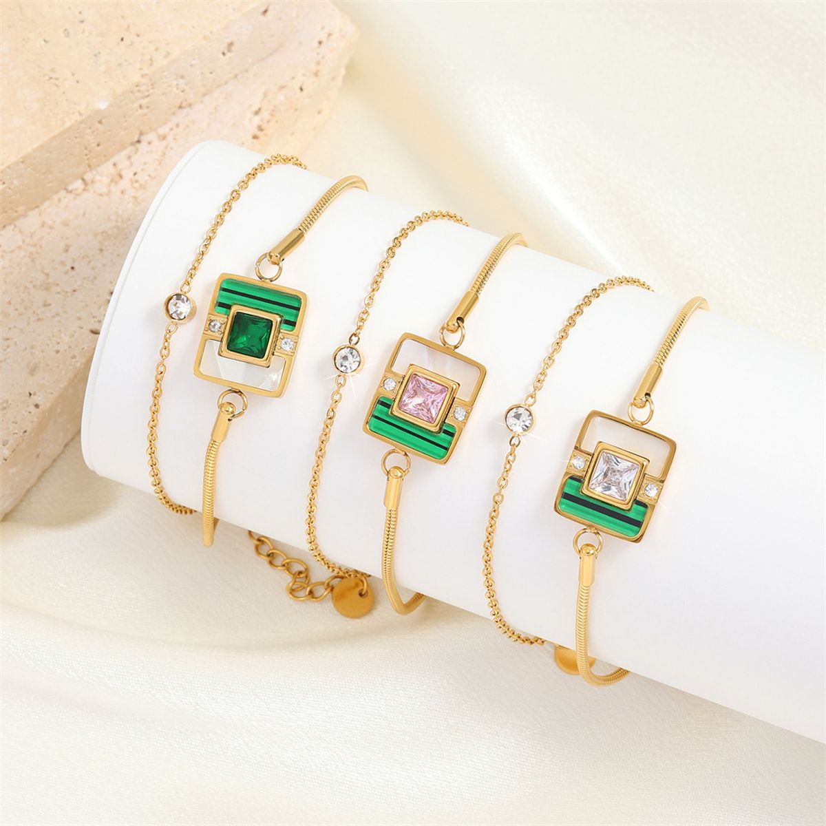 Cubic Zirconia White Green Malachite 18K Gold Anti Tarnish Snake Chain Bracelet For Women