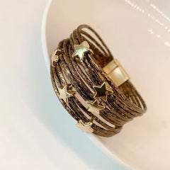 Star 18K Gold Brown Anti Tarnish Wrist Band Leather Bracelet For Women