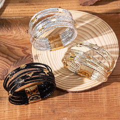 Star 18K Gold Brown Anti Tarnish Wrist Band Leather Bracelet For Women