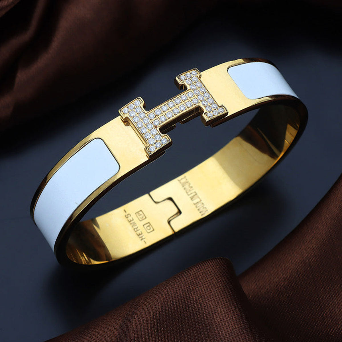 H Lock 18K Gold White Cubic Zirconia Enamel Anti Tarnish Kada Bracelet For Women