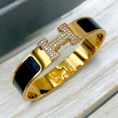 H Lock 18K Gold White Cubic Zirconia Enamel Anti Tarnish Kada Bracelet For Women