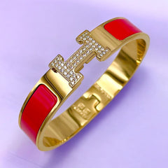 H Lock 18K Gold White Cubic Zirconia Enamel Anti Tarnish Kada Bracelet For Women